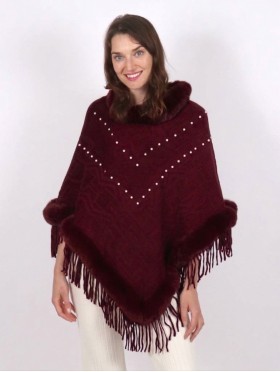 Beaded Poncho with Faux Fur Trim and Fringes